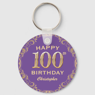 100th Birthday Party Purple and Gold Glitter Frame Key Ring