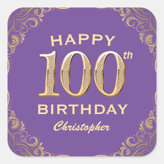 100th Birthday Party Purple and Gold Glitter Frame Square Sticker (Front)