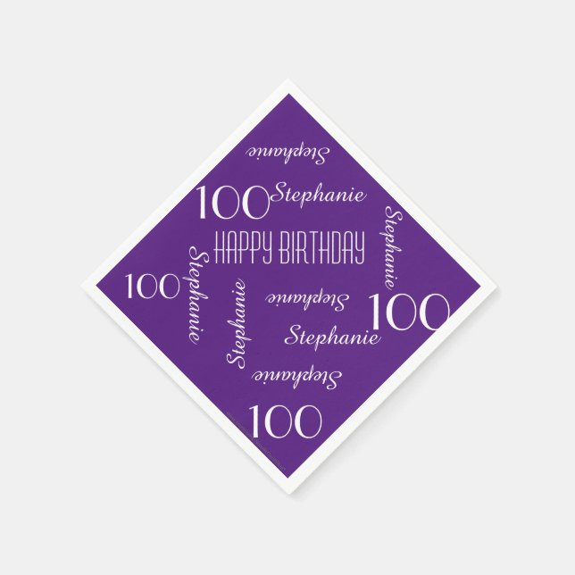 100th Birthday Party Purple Repeating Name Paper Napkin (Corner)
