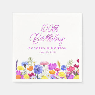 100th Birthday Party Purple Wildflower Custom Napkin