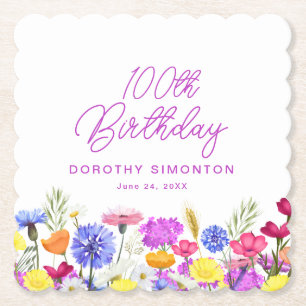 100th Birthday Party Purple Wildflower Custom Paper Coaster