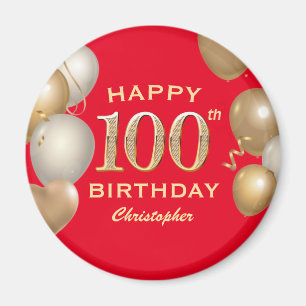 100th Birthday Party Red and Gold Balloons Magnet