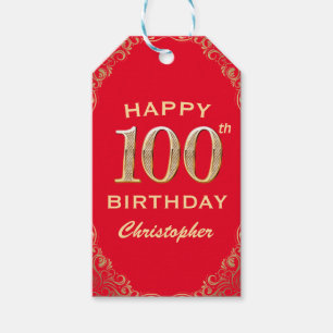 100th Birthday Party Red and Gold Glitter Frame Gift Tags