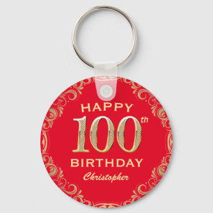 100th Birthday Party Red and Gold Glitter Frame Key Ring