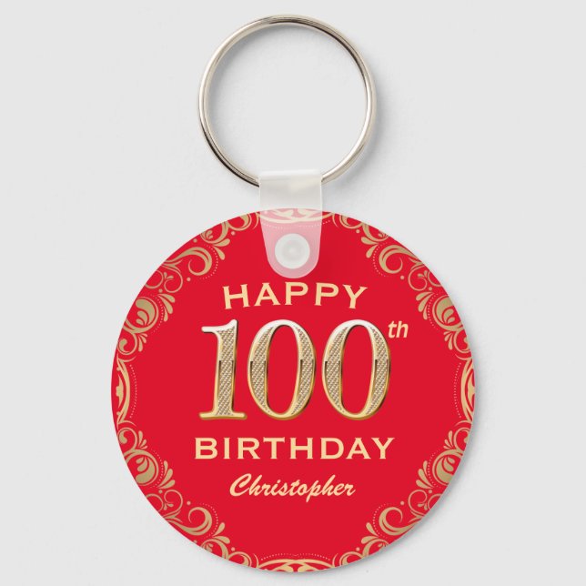 100th Birthday Party Red and Gold Glitter Frame Key Ring (Front)