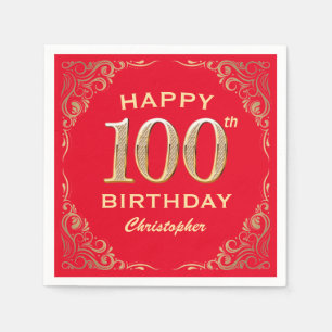 100th Birthday Party Red and Gold Glitter Frame Napkin