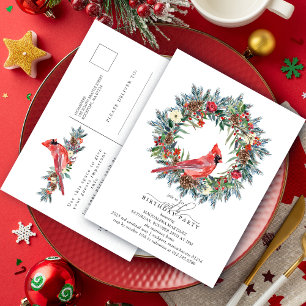 100th Birthday Party Red Cardinal Wreath Invitation Postcard