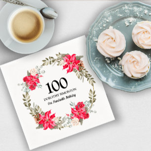 100th Birthday Party Red Floral Poinsettia Wreath Napkin