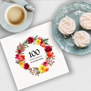 100th Birthday Party Red Orange Yellow Fall Floral Napkin