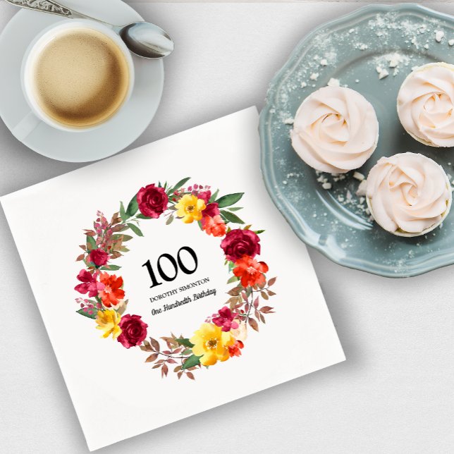 100th Birthday Party Red Orange Yellow Fall Floral Napkin (Creator Uploaded)