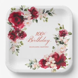 100th Birthday Party Red Pink Floral Custom Paper Plate