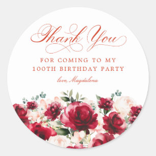 100th Birthday Party Red Pink Floral Thank You Classic Round Sticker