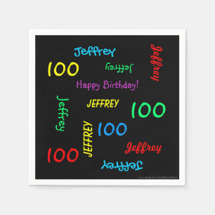 100th Birthday Party Repeat Name Black Paper Napkin