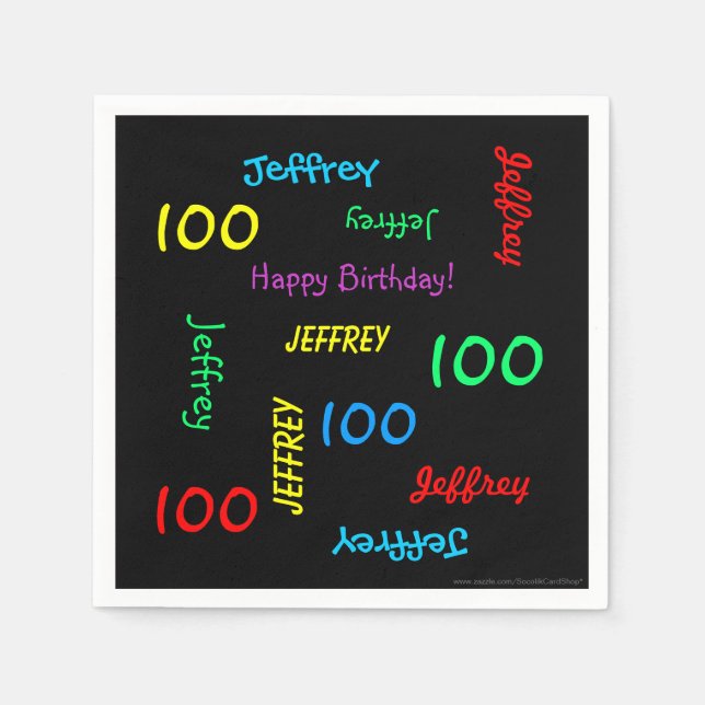 100th Birthday Party Repeat Name Black Paper Napkin (Front)