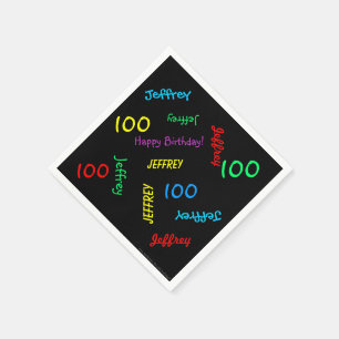 100th Birthday Party Repeating Names Black Paper Napkin