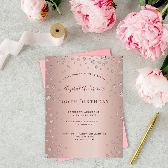 100th birthday party rose gold diamond invitation postcard (Creator Uploaded)