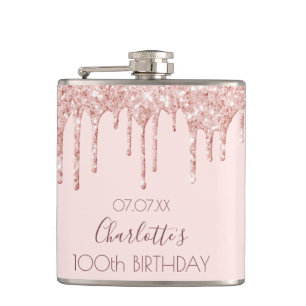 100th birthday party rose gold glitter drips pink hip flask