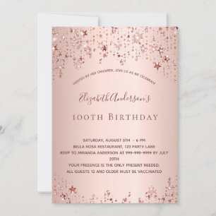 100th birthday party rose gold stars sprinkle invitation