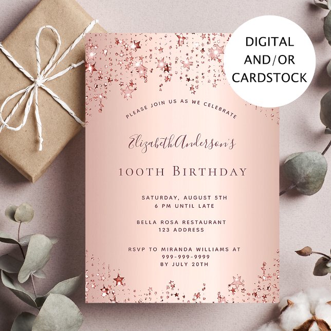 100th birthday party rose gold stars sprinkle invitation (Creator Uploaded)