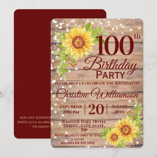 100th Birthday Party Rustic Floral Sunflower Invitation