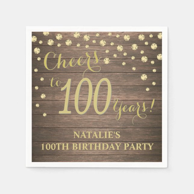 100th Birthday Party Rustic Wood and Gold Diamond Napkin (Front)