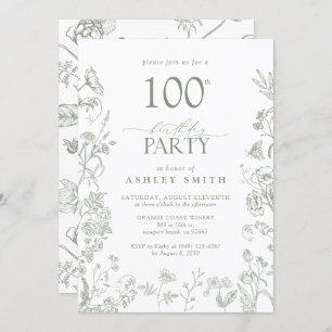 100th Birthday Party Sage Green Victorian Floral Invitation