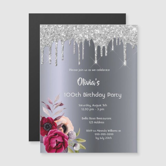 100th birthday party Silver glitter drip metallic Magnetic Invitation (Front/Back)