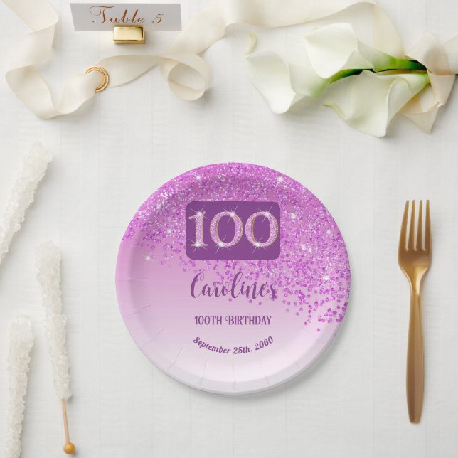 100th Birthday Party Sparkle Pink Glitter Paper Plate (Wedding)