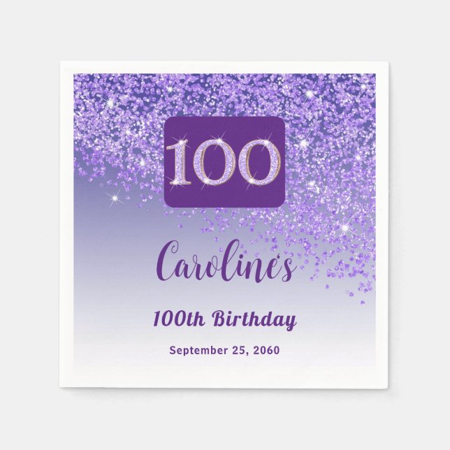100th Birthday Party Sparkle Purple Glitter Napkin (Front)