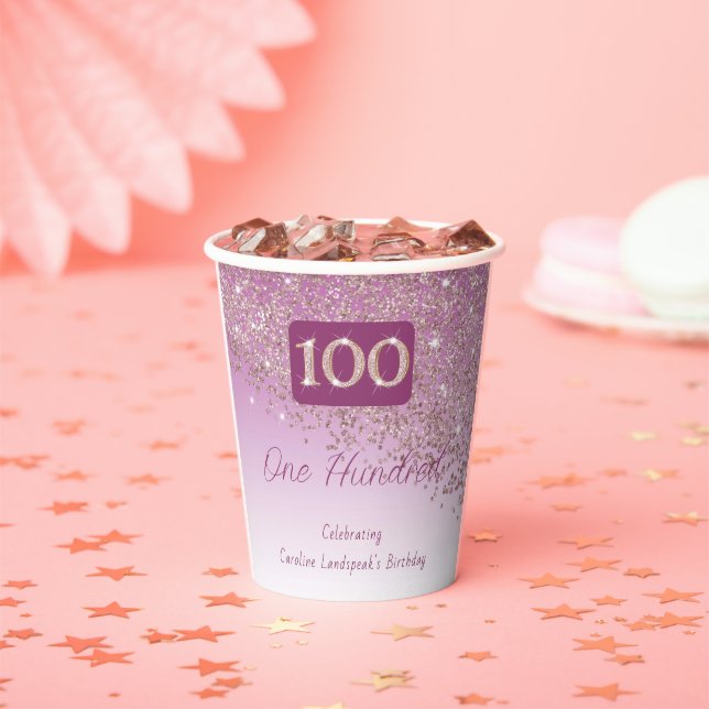 100th Birthday Party Sparkle Rose Gold Glitter Paper Cups (Insitu)