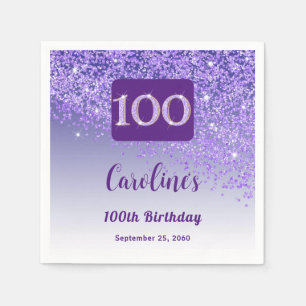 100th Birthday Party Sparkling Purple Glitter Napkin