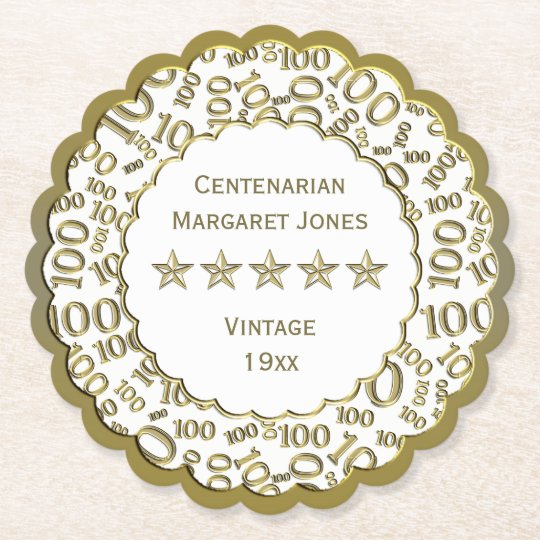 100th Birthday Party White /Gold Centenarian Paper Coaster