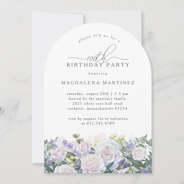 100th Birthday Party White Rose Blue Floral Invitation (Front)