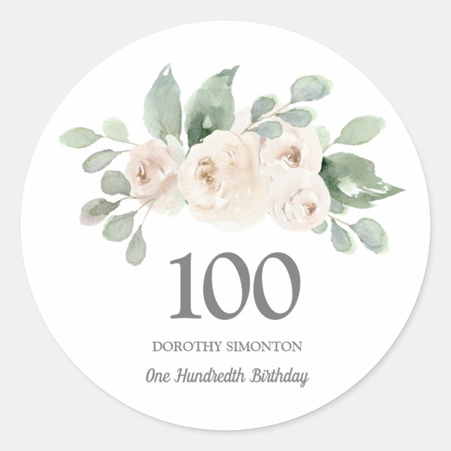 100th Birthday Party White Rose Eucalyptus Classic Round Sticker (Front)