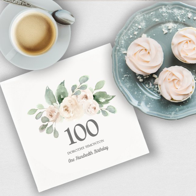 100th Birthday Party White Rose Eucalyptus Napkins (Creator Uploaded)