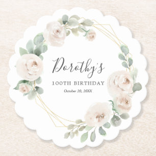 100th Birthday Party White Rose Floral Custom Paper Coaster