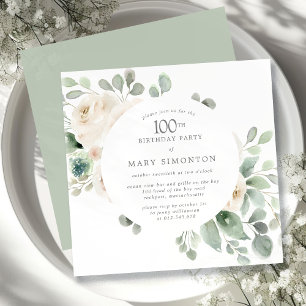 100th Birthday Party White Rose Floral Eucalyptus  Invitation