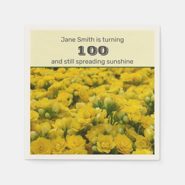 100th Birthday Party Yellow Flowers Celebration Napkin (Front)