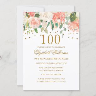 100th Birthday Peach Gold Floral Invitation