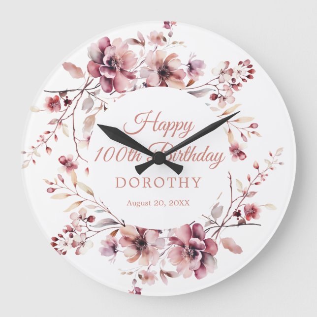 100th Birthday Personalised Burgundy Pink Floral Large Clock (Front)