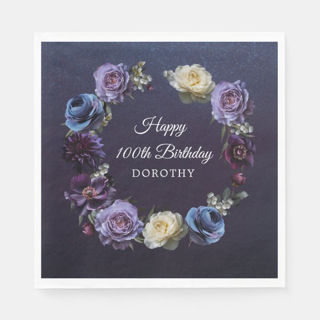 100th Birthday Personalised Moody Purple Flower Napkin (Front)