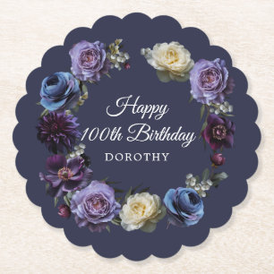 100th Birthday Personalised Moody Purple Flower Paper Coaster