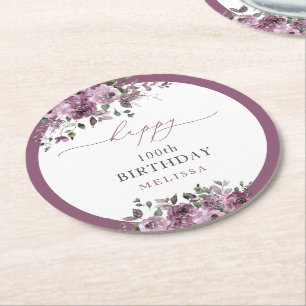 100th Birthday Personalized Elegant Purple Flower Round Paper Coaster