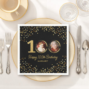 100th Birthday Photo Elegant Black Gold Glitter Napkin