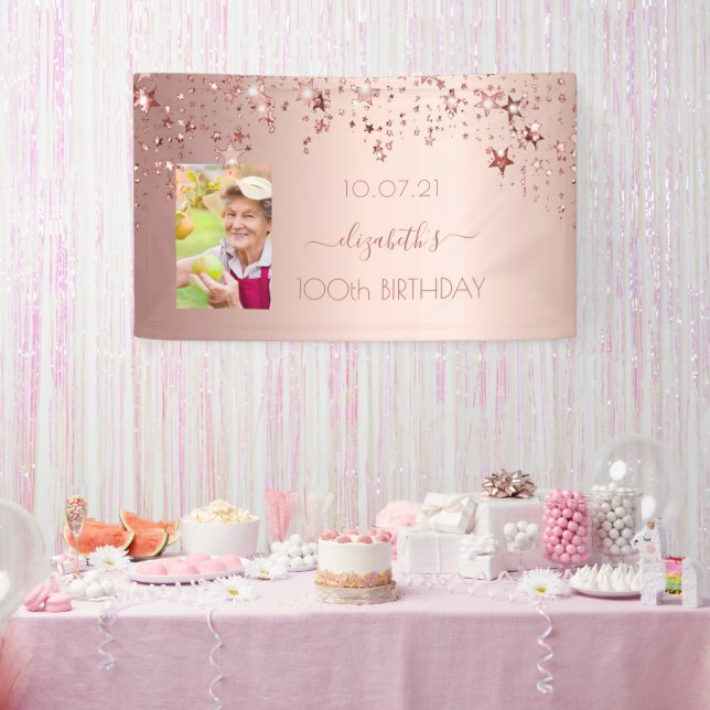 100th birthday photo rose gold pink glittery stars banner (Party)