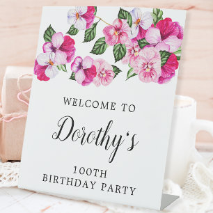 100th Birthday Pink and White Floral  Pedestal Sign