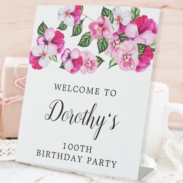 100th Birthday Pink and White Floral  Pedestal Sign (Creator Uploaded)