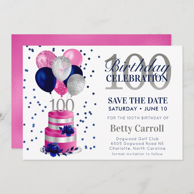 100th Birthday Pink Cake Save The Date Invitation (Front/Back)