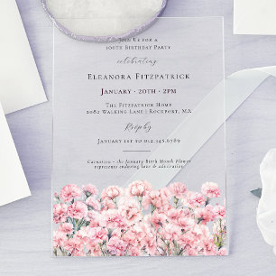 100th Birthday Pink Carnation January Birth Flower Acrylic Invitations