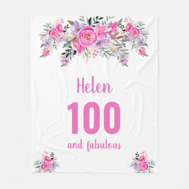 100th birthday pink floral fleece blanket (Front)